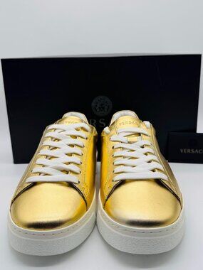 Versace Gold Laminated Nappa Medusa Sneakers Low Top Size 39 – Made in Italy NIB